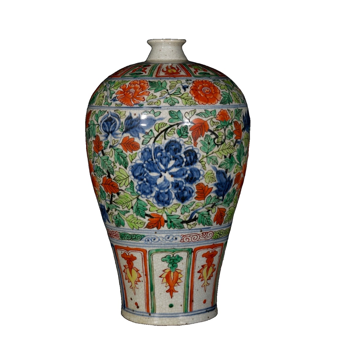 Yuan Dynasty Polychrome Crackle Peony Pattern Plum Vase: This Yuan Dynasty five-colored openwork peony-pattern plum vase, measuring 41/25 centimeters, showcases extraordinary artistic value. Its colorful glaze and elegant peony pattern demonstrate the super