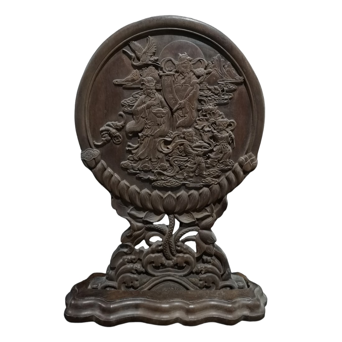 Ebony Carved Screen Ornament: This black sandalwood hollow carved screen ornament features exquisite carvings depicting auspicious symbols such as the Golden Boy and Jade Maiden, the God of Wealth, blessings from the heavenly offi