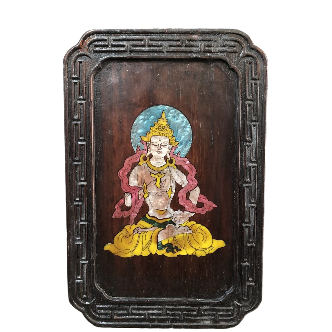 Rosewood Inlaid Shell Hanging Screen: This inlaid mother-of-pearl hanging screen made of rosewood measures 36*24*2.5 cm and is exquisitely crafted. The vividly portrayed Buddha image inlaid with mother-of-pearl, along with geometric patte