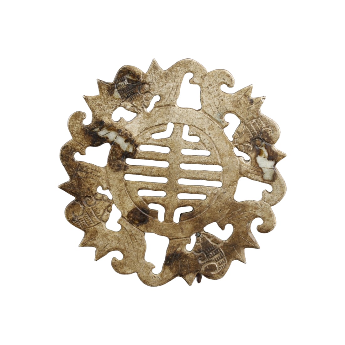 Ancient Jade 'Fortune and Longevity' Bi: This high-quality ancient jade "Fu Shou" jade bi has a diameter of 13 centimeters and weighs 118 grams. The jade bi has a warm texture, even color, exquisite carving craftsmanship, symbolizing longevi