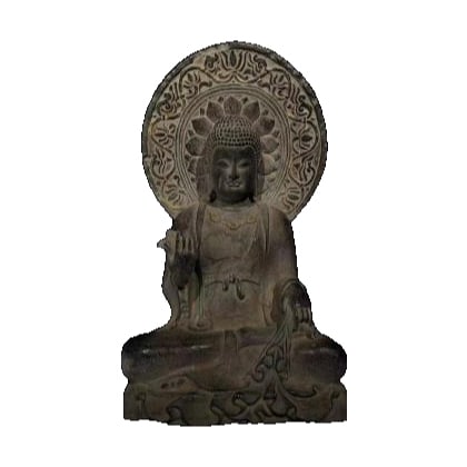 Bluestone Seated Buddha: Seated Buddha with Backrest in Bluestone, measuring 73 cm in height, 37 cm in width, and 26 cm in thickness. This seated Buddha is intricately carved with smooth lines, presenting a dignified and eleg