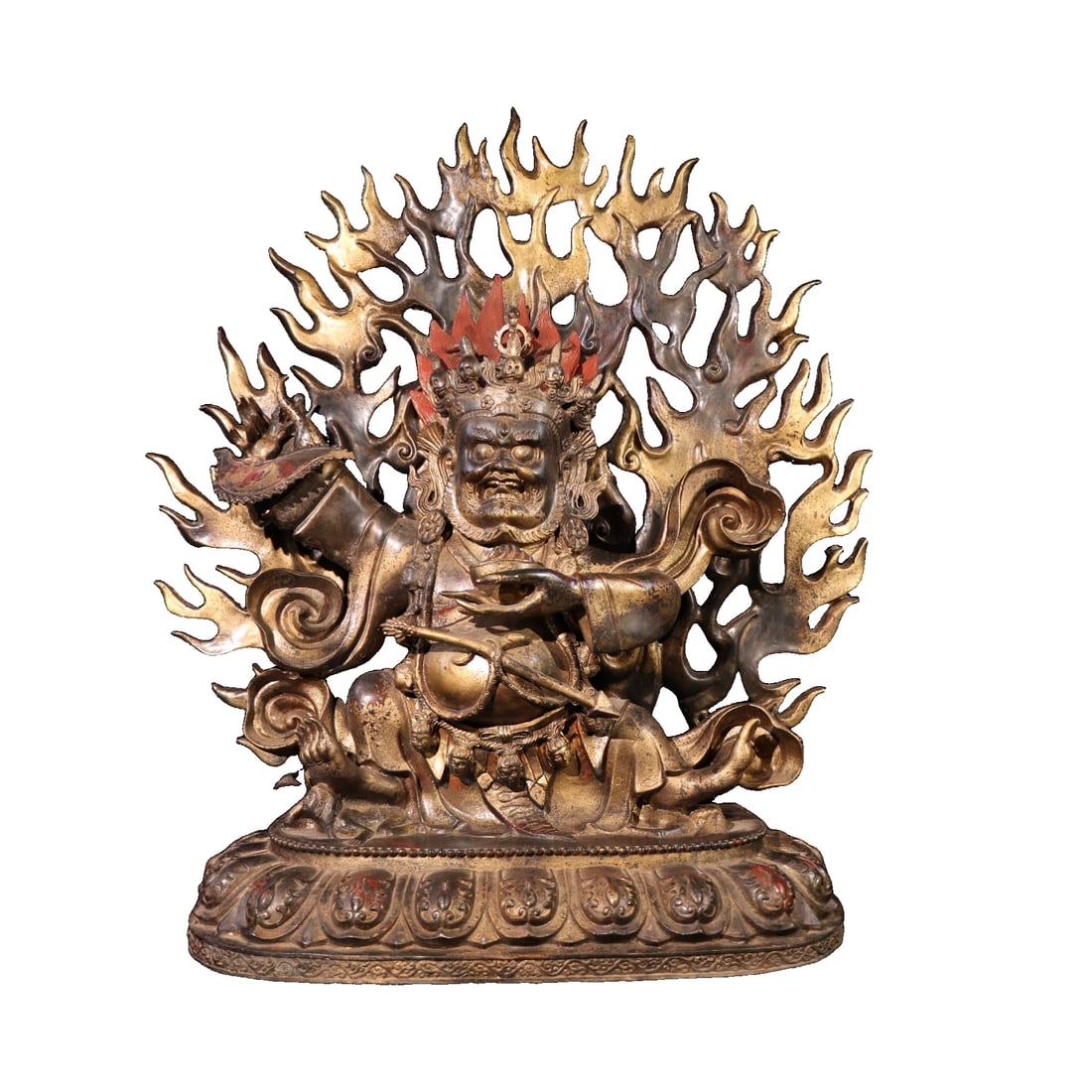 Exquisite Pure Copper Gilded Vermilion Buddha Statue: Exquisite Pure Copper Gilded Vermilion Buddha Statue of Vajra Hand Black Jambhala. The statue is well-proportioned and substantial, crafted with precision, featuring clear ornamentation and a lively a