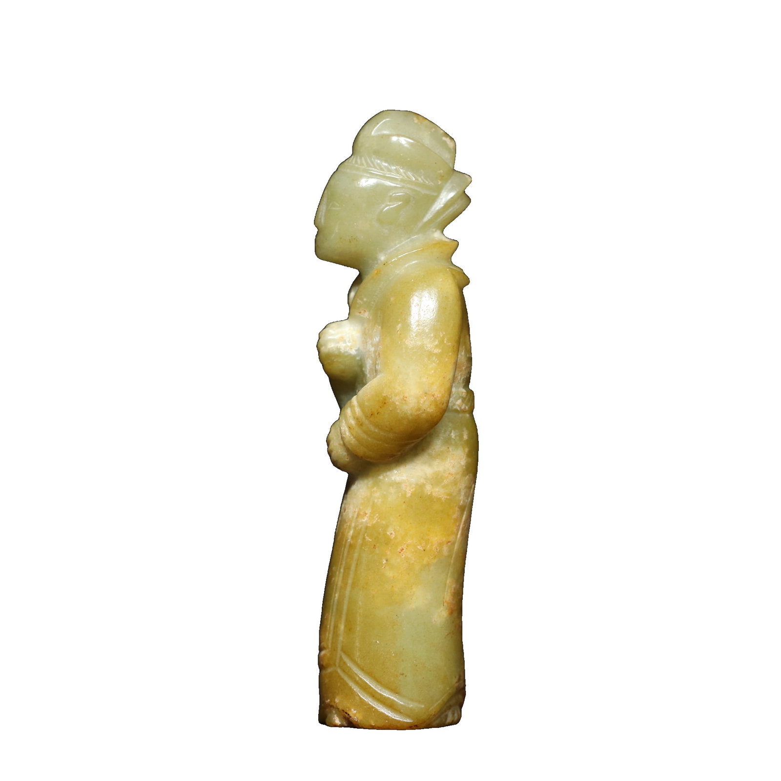 Han Dynasty Old Hetian Jade Figurine Ornament: A fine antique collection of a Han Dynasty old Hetian jade figurine, featuring exquisite craftsmanship and delicate jade quality, with a well-developed patina. Details are as shown in the images. The 