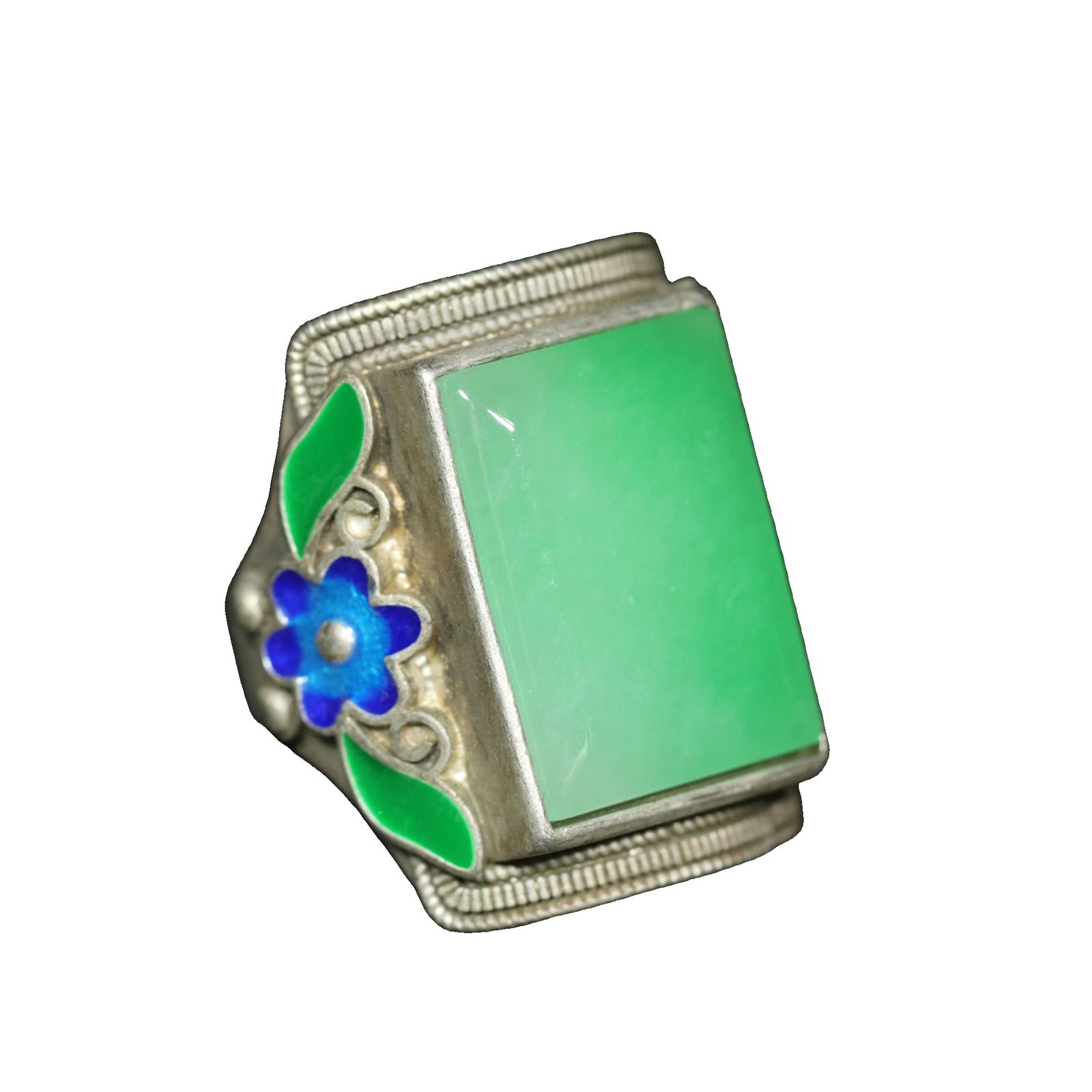 Qing Dynasty Silver Enamel Inlaid Jade Ring: A fine antique Qing Dynasty silver ring with enamel inlay and jadeite, showcasing exquisite craftsmanship and a well-developed patina, as detailed in the images. The ring measures 2.9 cm in length, 2.