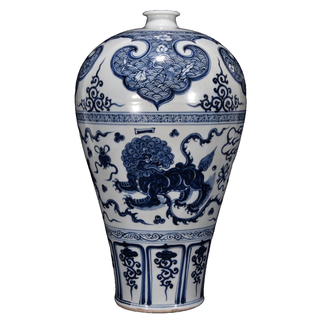 Yuan Dynasty Blue and White Lion Rolling Ball Pattern Plum Vase: This Yuan Dynasty blue and white plum vase stands at a height of 42.5 centimeters with a diameter of 25 centimeters. It features a design of lions playing with embroidered balls, showcasing a