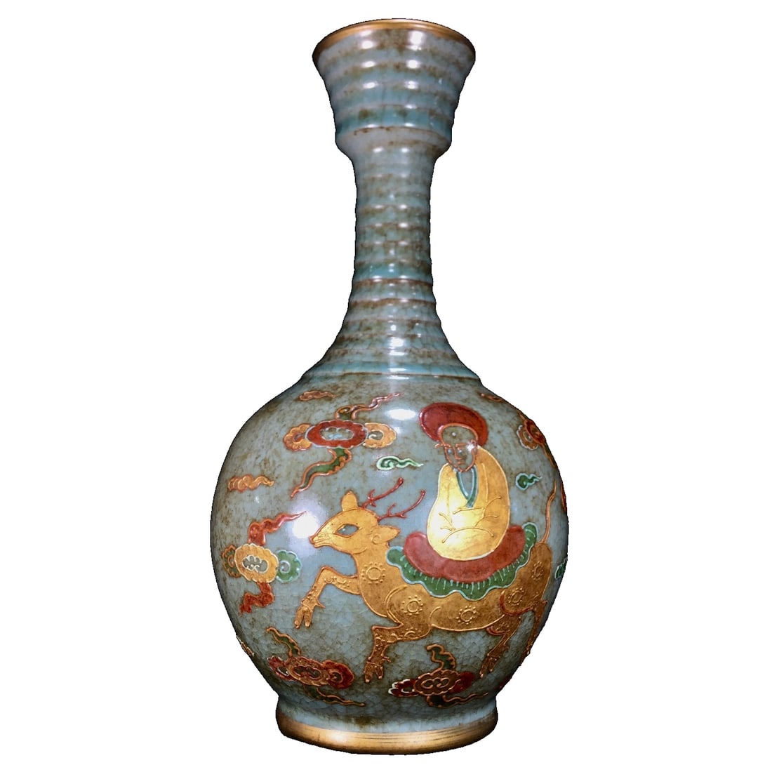 Song Dynasty Ru Kiln Gilt Filigree Spiral Pattern Vase: Song Dynasty Ru Ware Cloisonné Gilt Spiral Mouth Vase, measuring 29 cm in height and 15 cm in diameter. This vase features an elegant design, combining the cloisonné technique with gilt decoration,