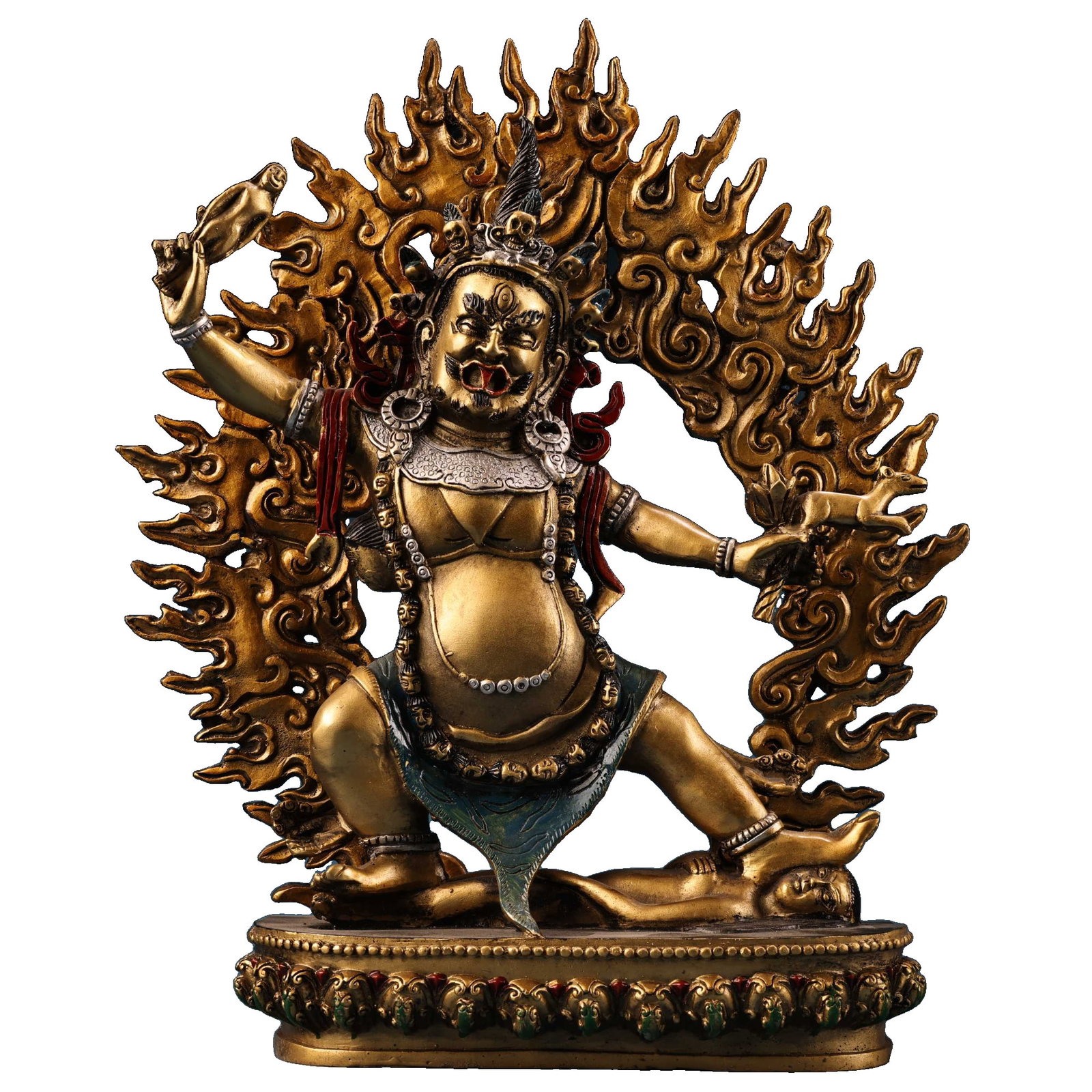 Tibetan Vajra Hand Protector Deity Statue: A rare and exquisite piece from an old collection: a pure copper, high-relief, chiseled, and color-painted gilt Tibetan Vajra Hand Protector Buddha statue. The craftsmanship is superb, and the statue 