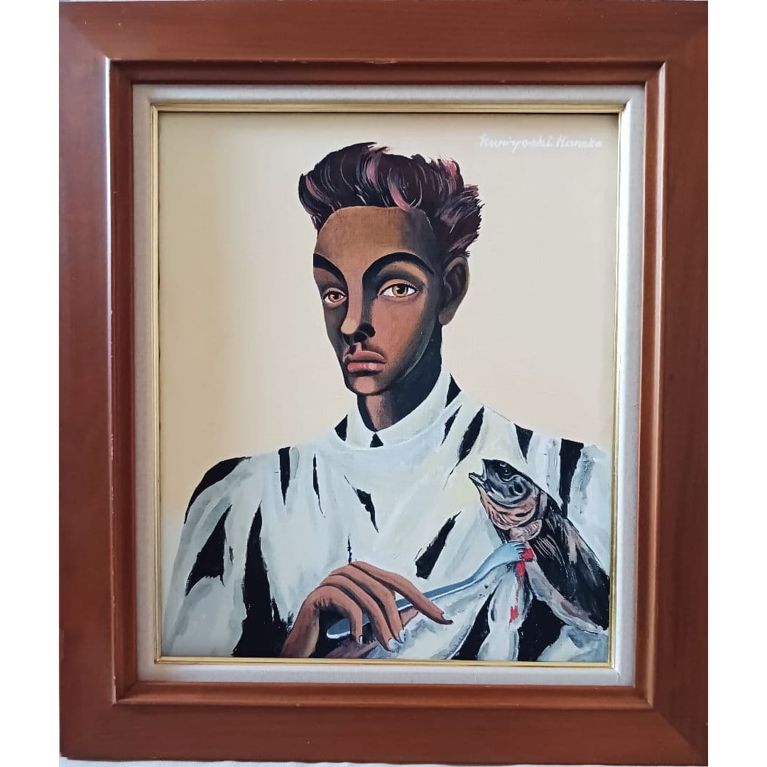 Kaneko Kuniyoshi "Sakana" Oil on Canvas, Size F8, Hand-painted, Signed: Kaneko Kuniyoshi "Sakana" Oil Painting F8 Size Original Hand-Painted Signed This is an original hand-painted portrait by Kaneko Kuniyoshi titled "Sakana" (Fish). Created with oil on canvas. Image dime
