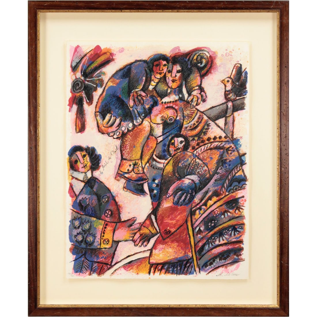 Teo Tobias "Ai no Sasayaki" Lithograph Print Painting: Theo Tobias "Whisper of Love" Lithograph Print Painting A tall woman is depicted with poetic and joyful strokes, surrounded by a group of men. The framing of this painting makes the paper on which it