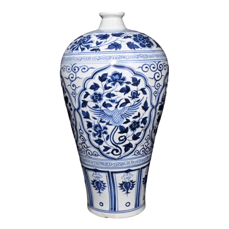 Yuan Dynasty Blue and White Vase with Mandarin Duck and Phoenix Pattern: This Yuan Dynasty blue and white plum vase stands at a height of 36 centimeters with a diameter of 20 centimeters. It is adorned with mandarin duck and phoenix motifs, showcasing exceptional artistic