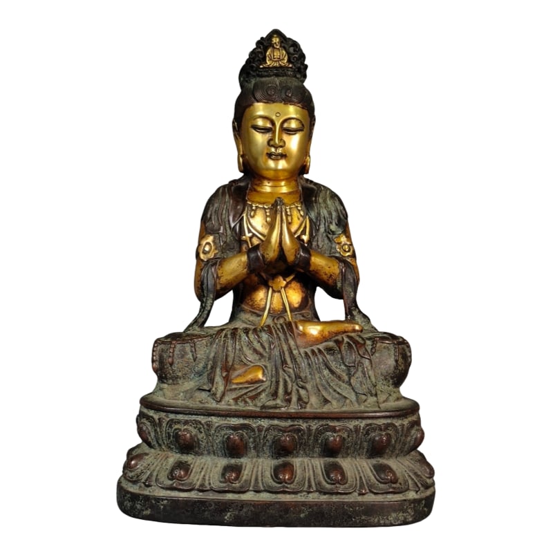 Antique Patina Purple Copper Gilded Gold Guanyin Statue: This statue of Guanyin Bodhisattva is crafted from aged patina purple bronze and is gilded with genuine gold on the surface, showcasing exquisite craftsmanship. The statue stands 43 centimeters tall,