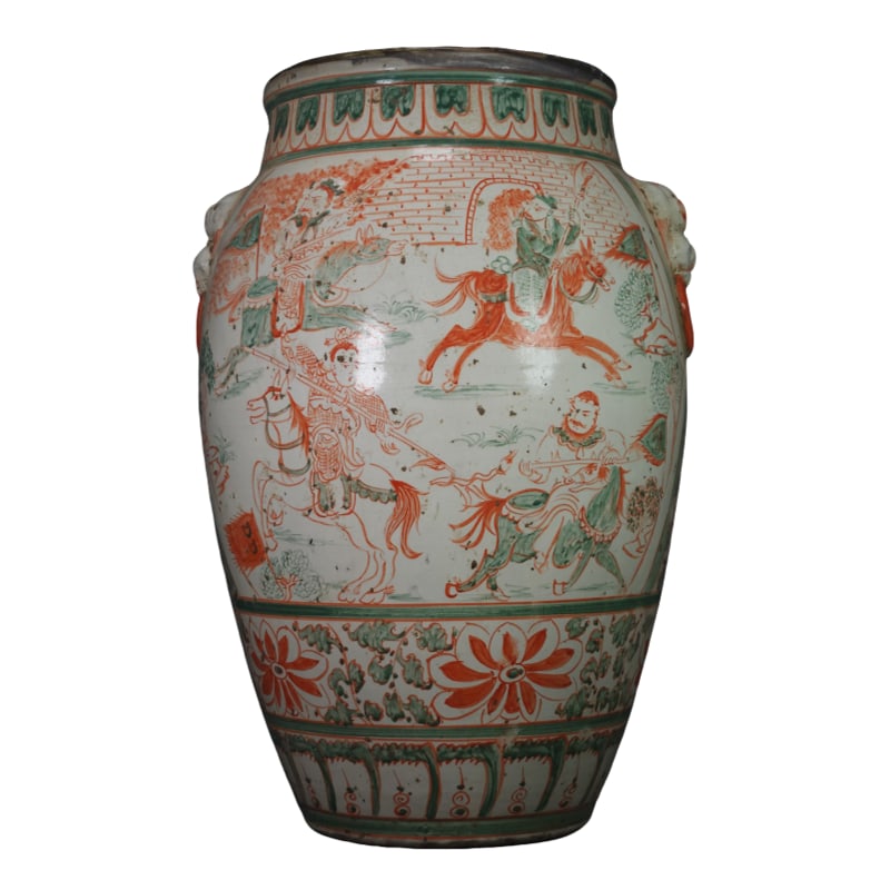 Song Dynasty Cizhou Kiln Red and Green Beast Head Jar: Song Dynasty Cizhou Kiln Red and Green Glazed Jar with "Three Heroes Fighting Lü Bu" and Beast Head Design, Height 46 cm, Width 26 cm. This jar, with its unique red and green glaze and vivid war scen