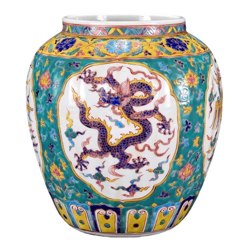 Xuande Multicolored Auspicious Cloud Dragon and Phoenix Jar: This antique Xuande period five-colored auspicious cloud dragon and phoenix motif jar stands 33 centimeters tall and 32 centimeters wide. It exemplifies the pinnacle of Ming Dynasty art with its elega