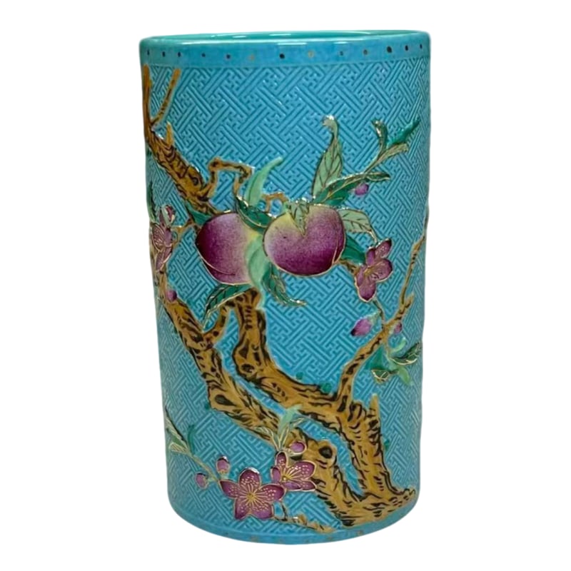 Turquoise Glazed Porcelain Pen Holder with Gilded Peaches (1 of 13)