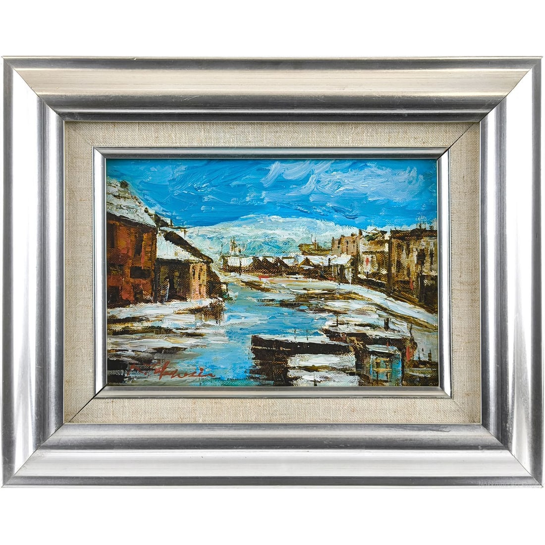 Takahashi Masuyuki "Otaru Canal" Oil Painting: Takahashi Masuyuki "Otaru Canal" Oil Painting The snow-capped peaks, the buildings along the canal, and the reflections on the water surface are all breathtakingly beautiful. The strong and powerful b