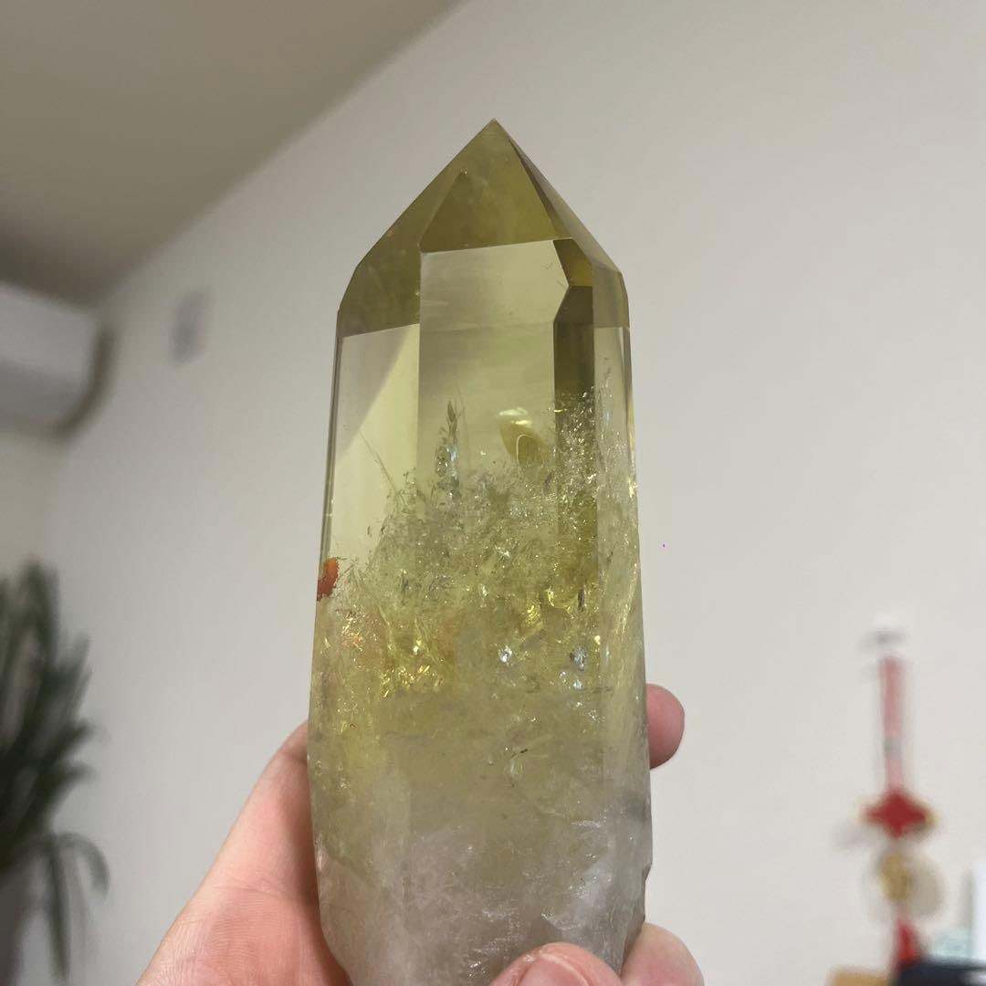 Yellow crystal column, hexagonal prism shape. - 12