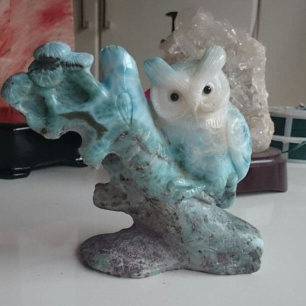 Energy Stone Jewelry: Energy Stone Jewelry This is a rare owl crafted from Larimar stone. Larimar symbolizes "love and peace" and is said to soothe negative emotions such as anger and jealousy hidden deep within the