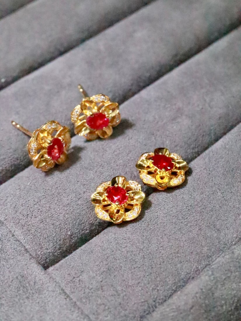 18K Gold Ruby Earrings - 2