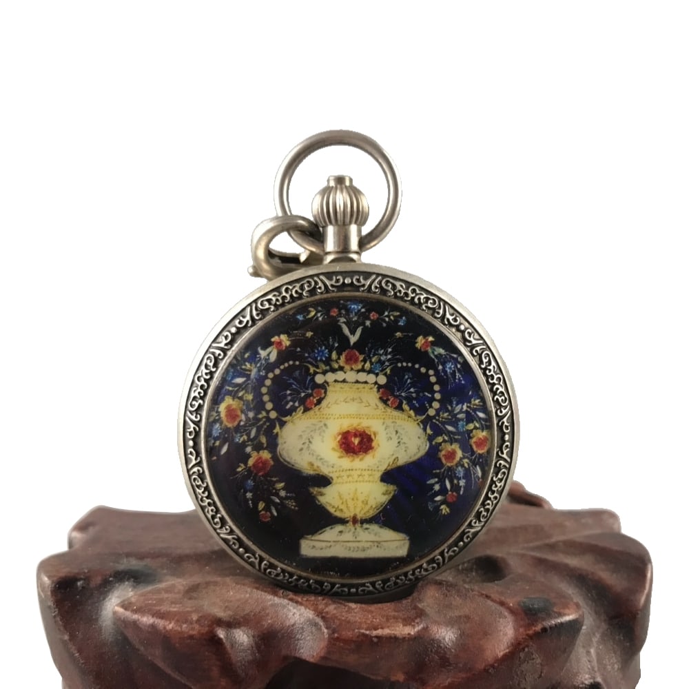 Silver-plated Double-opening Mechanical Pocket Watch: This pocket watch captivates with its exquisite blue enamel-painted dial and Roman numeral markers. The silver-plated case complements the floral motifs, showcasing exceptional craftsmanship. The
