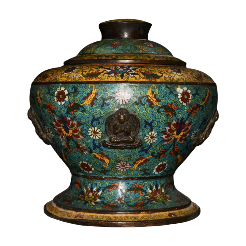 Cloisonn Enamel Buddhist Altar Jar with Copper Body: This Buddhist altar jar features a copper body with exquisite hand-crafted cloisonn enamel work. The vibrant colors and intricate craftsmanship make it a valuable collectible. Its dignified and
