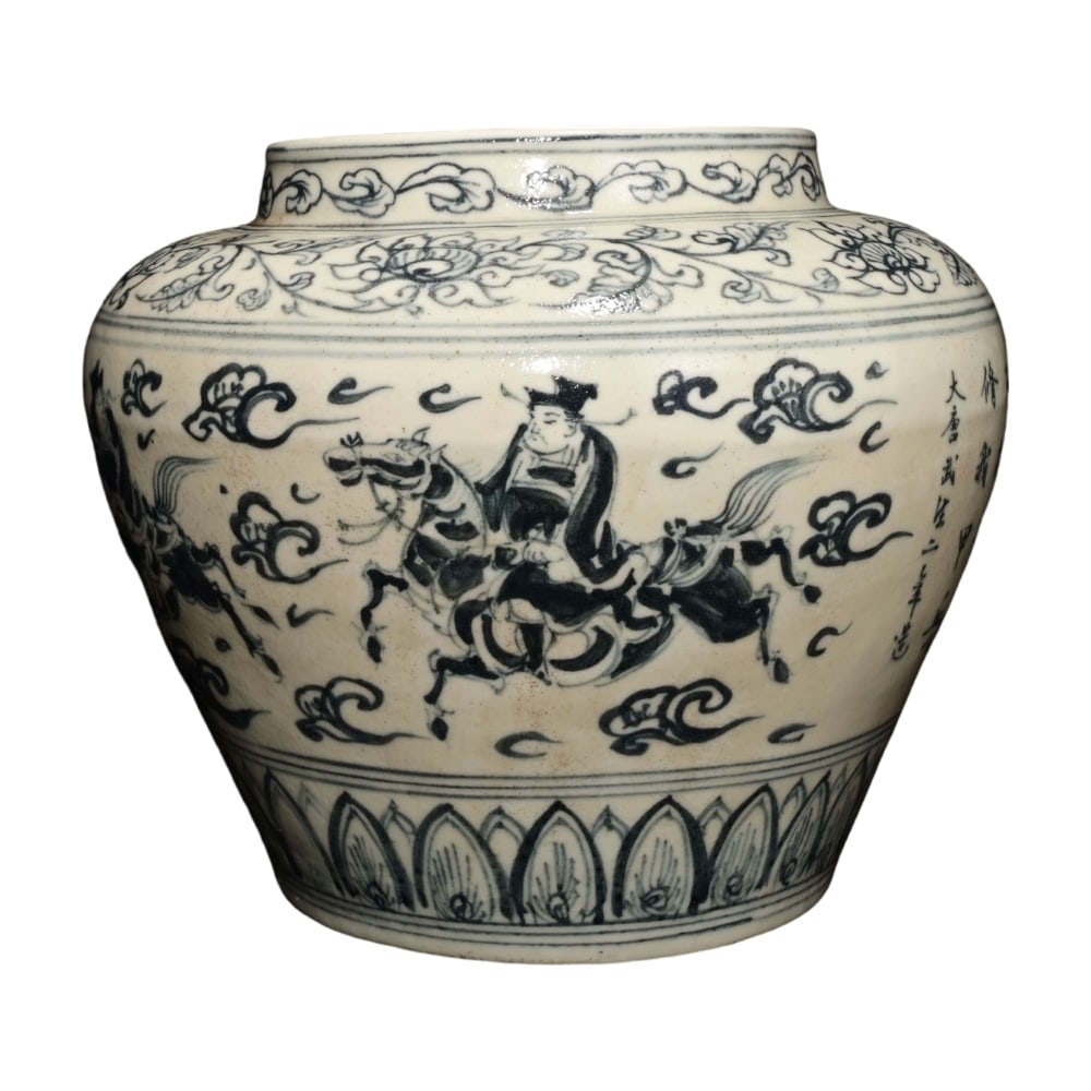 Tang Dynasty Blue and White Jar with Figure Story Design: This Tang Dynasty blue and white jar with figure story design vividly recreates ancient stories with its exquisite blue and white painting technique, showcasing the exceptional craftsmanship of the