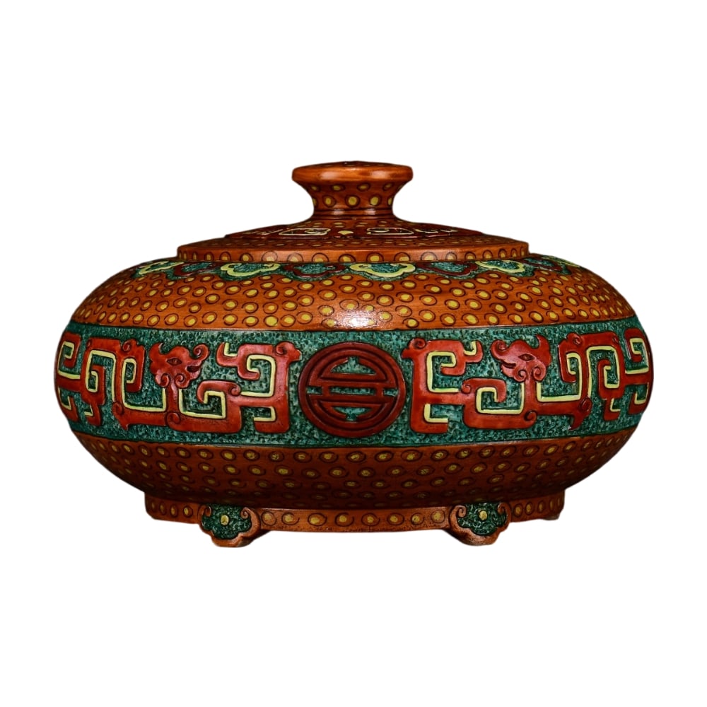 Qianlong Period Polychrome Carved Incense Burner: This incense burner is a polychrome carved masterpiece from the Qianlong period, showcasing the exceptional craftsmanship and artistic achievement of the time. The body is exquisitely carved, with