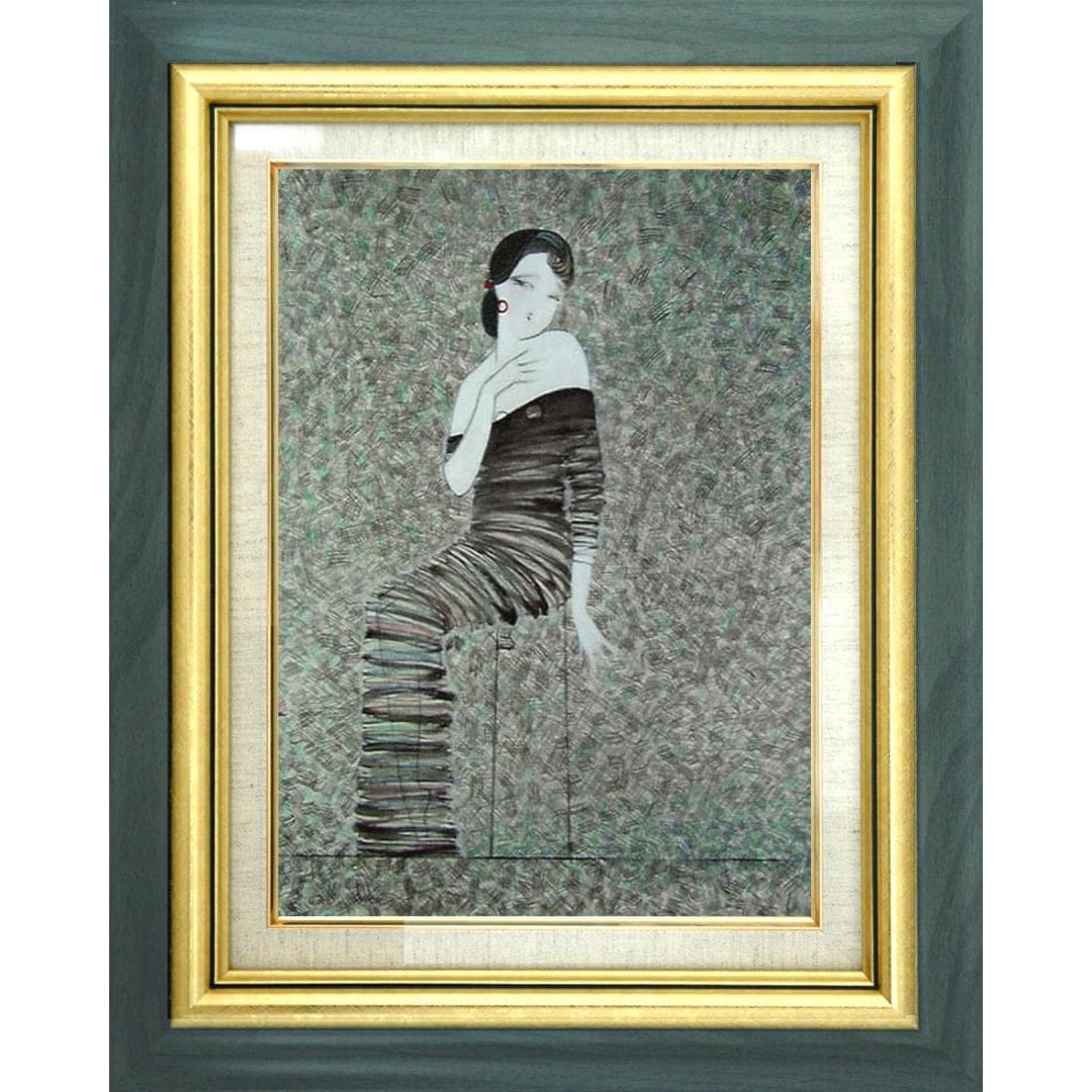 Oil Painting by Sugaya Reiko, Artwork with Interior Frame (Blue-Green + Gold Frame) F6-92023 Female: Oil Painting by Ryoko Kanke with Frame (Blue-Green + Gold Frame) F6-92023 Female Subject A highly popular piece F6 Size: 41 cm x 32 cm Signature (Small signature, handwritten in the lower right or lef