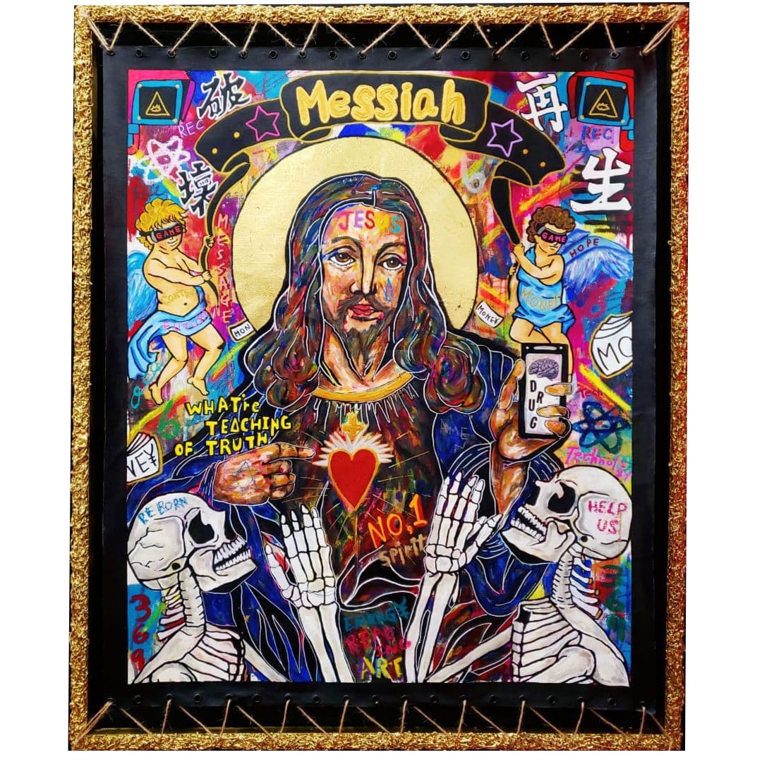 Unique Art: MESSIAH (Savior) Tapestry Painting: Unique Art Piece: MESSIAH (Savior) Tapestry Painting This is an art piece themed around Christ, featuring vibrant colors and a popular style. Title: MESSIAH (Savior) Technique: Mixed Media