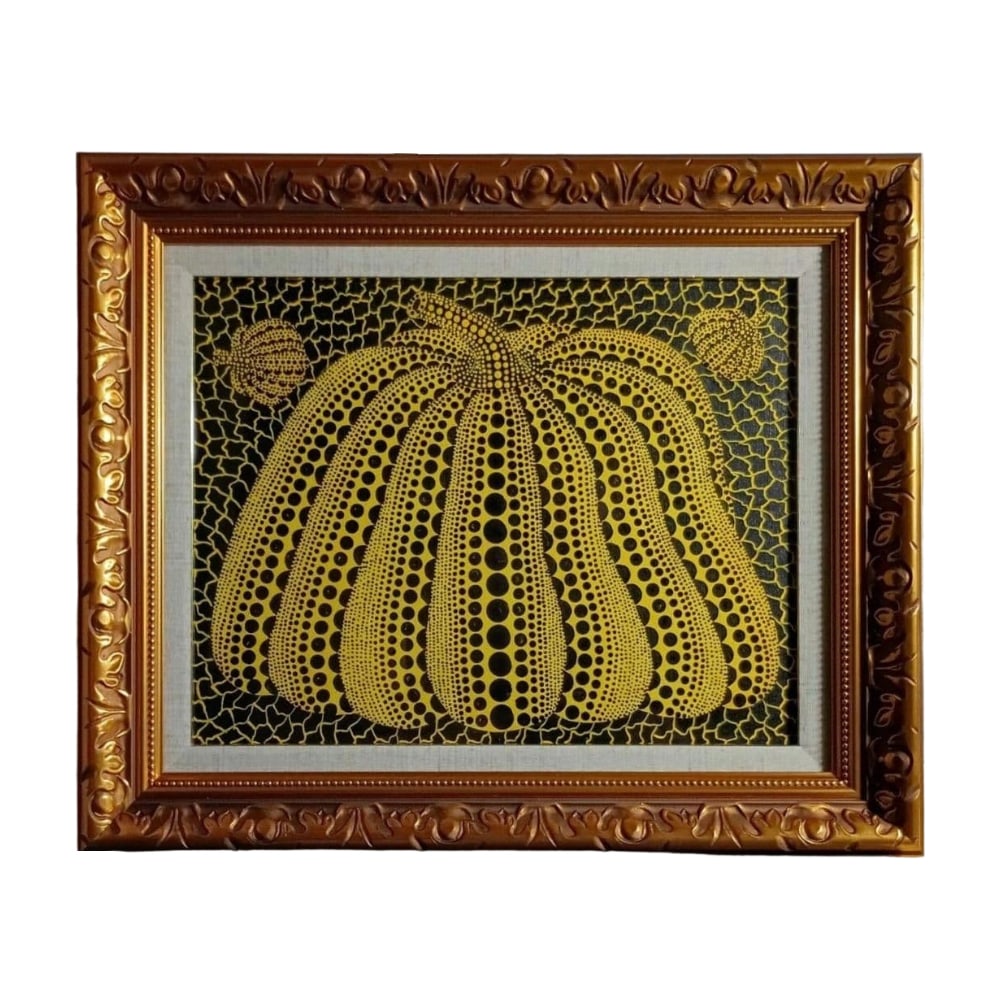 New and Unused Pumpkin Painting F6: New and Unused Pumpkin Painting F6 2000 Dot Object Pumpkin About this Work This is a canvas painting themed around pumpkins. The production year is listed as "2000." The title can be seen on the back