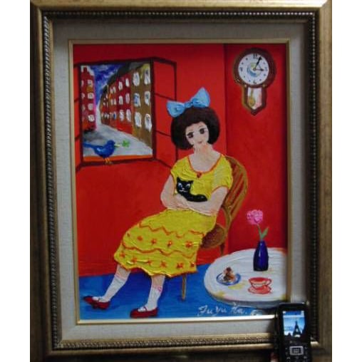 Sakaue Fuyuka, "Kitten and Girl," oil on canvas, size F6.: Sakagami Fuyuka, "Kitten and Girl", Oil Painting, F6 Size: 40.9 x 31.8 cm, Unique Oil Painting, New High-Quality Oil Frame Included, Hand-Signed with Certificate of Authenticity. Certificate of Authen