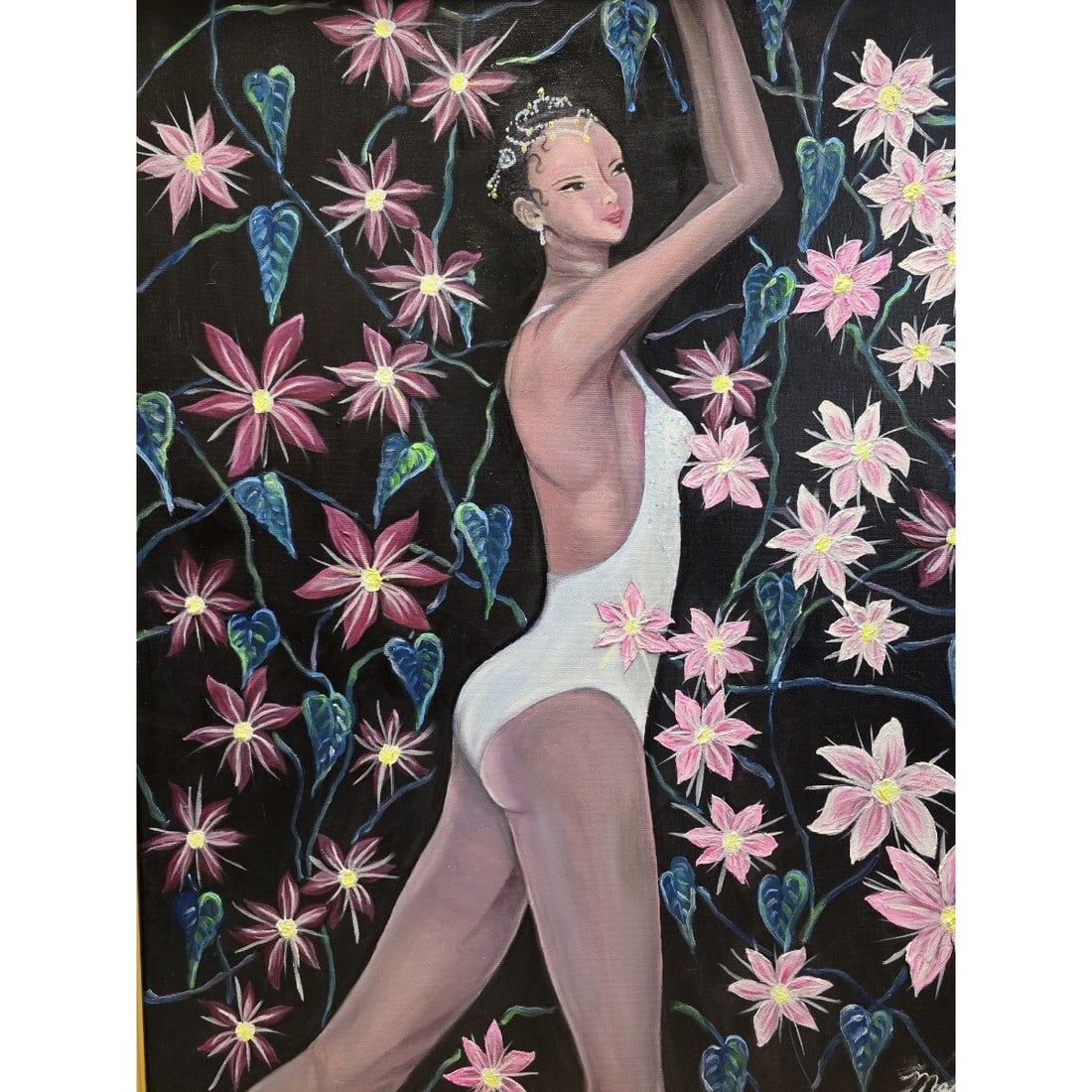 Sato Memi, "Usubeni no Hana no Dansa", oil on canvas, size F20.: Satou Memi, "Pale Pink Flower Dancer," Oil Painting, F20 Size: 72.7 x 60.6 cm, Unique Piece, New High-Quality Oil Painting Frame Included, Hand-Signed, Authenticity Guaranteed. Authenticity Guaranteed