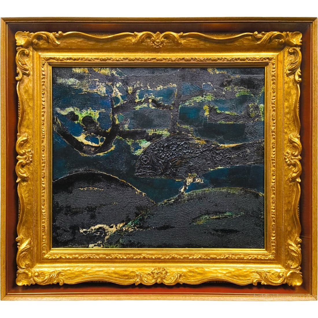 Kunimatsu Noboru "Kuroi Sakana" Oil Painting: Kunimatsu Noboru "Kuroi Sakana" Oil Painting The thick application of paint creates a textured surface, with deep blue-green and light colors interwoven to depict a fish quietly gathering strength. Te