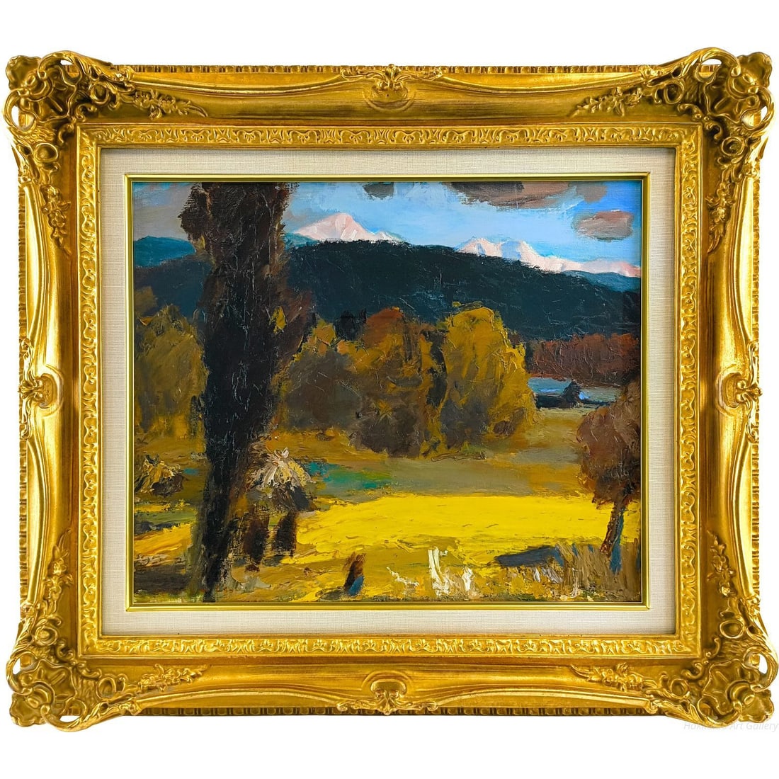 Kurihara Shin "Fukei" Oil Painting: KURIHARA Shin "Landscape" Oil Painting In the distance, snow-capped mountains can be seen, and the golden autumn scene is depicted with vigorous brushstrokes and rich colors, making this a work full o
