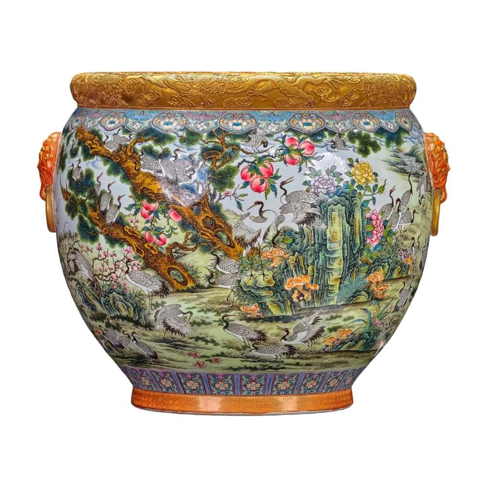Qianlong Period Famille Rose Hundred Cranes Motif Gilded Beast Handle Jar (1 of 10)