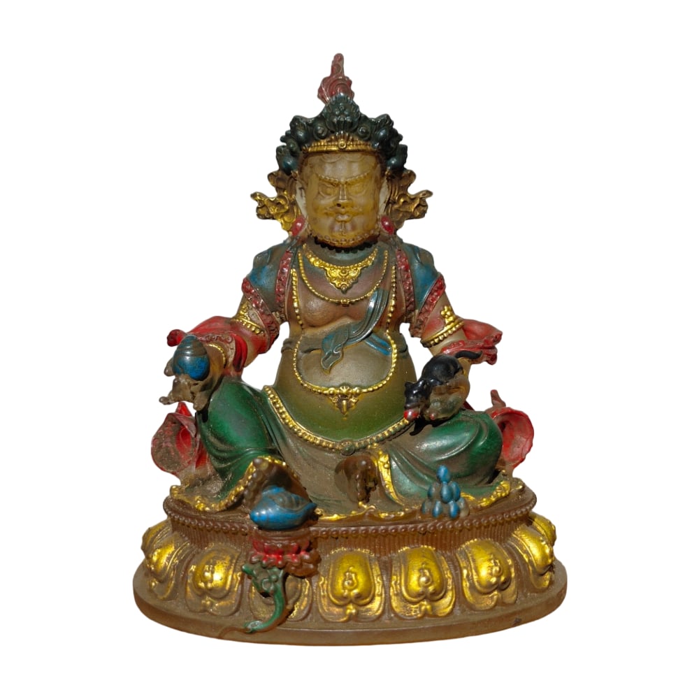 Qing Dynasty Palace Ancient Glass Yellow Jambhala Statue: This Yellow Jambhala statue is crafted from ancient glass with gilded painting, featuring vibrant colors and an auspicious appearance. The statue is exquisitely made with vivid details, suitable for t