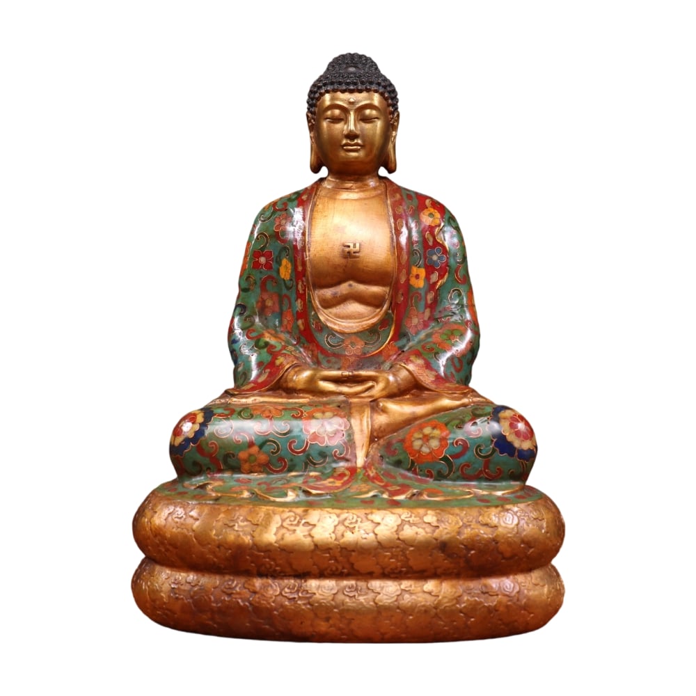 Gilt Bronze Cloisonn Rulai Buddha Statue: This Rulai Buddha statue is crafted with gilt bronze and cloisonn techniques, featuring rich colors without losing solemnity. The statue is well-proportioned and solid, holding a meditation mudra, wit