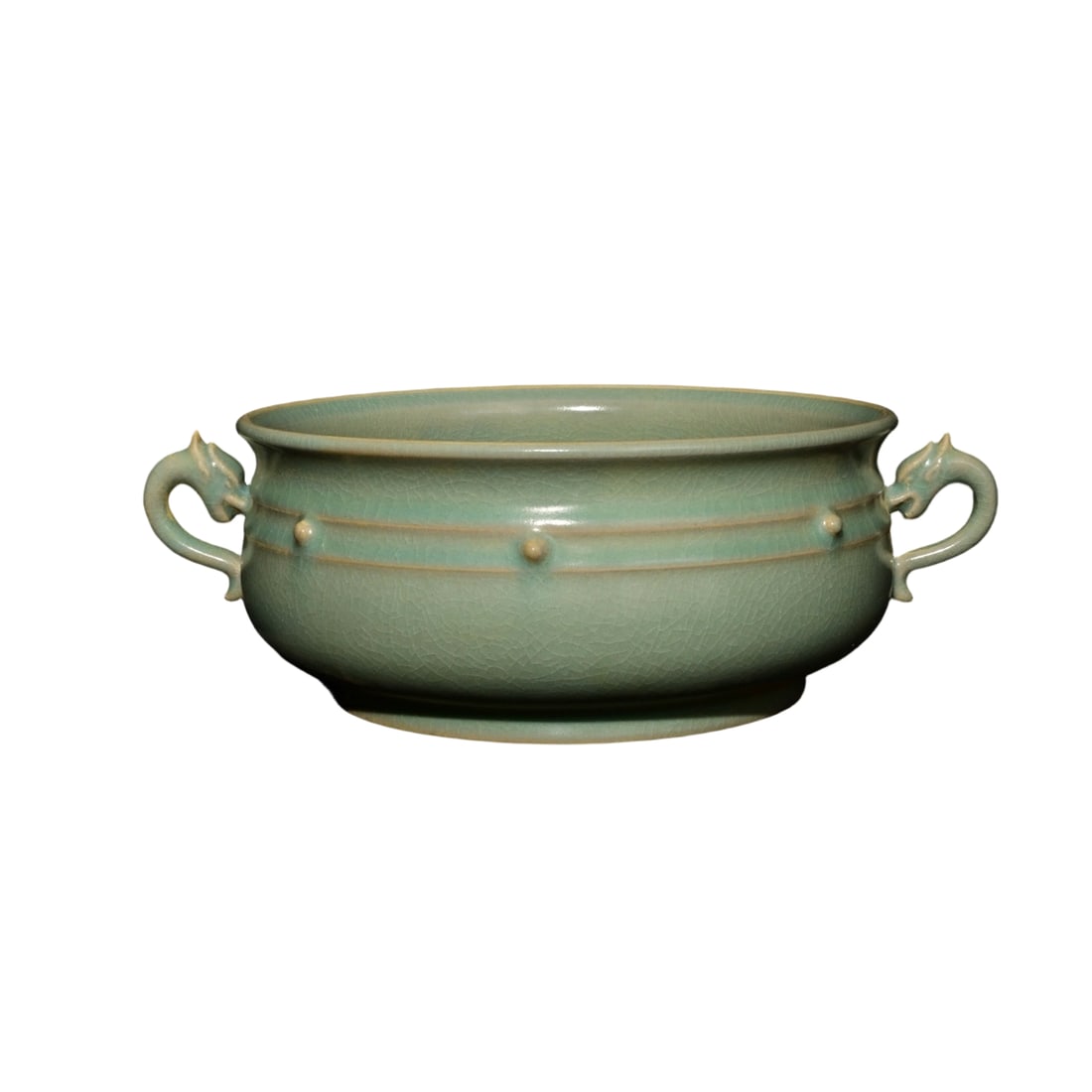 Song Dynasty Ru Kiln Incised Inscription Double-Eared Censer: This Song Dynasty Ru Kiln incised inscription double-eared censer features an elegant celadon glaze, as smooth as jade, representing the pinnacle of Song Dynasty ceramic craftsmanship. The double-ear 