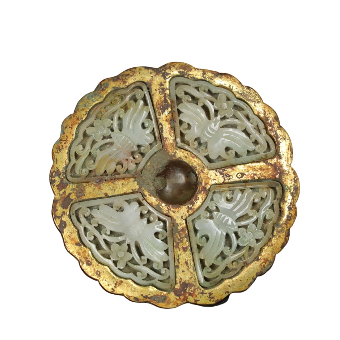 Gilt Bronze Inlaid Hetian Jade Mirror: This gilt bronze inlaid Hetian jade mirror exhibits a rich patina, reflecting the passage of time and exquisite craftsmanship. The warmth of Hetian jade complements the splendor of gilt bronze, creati