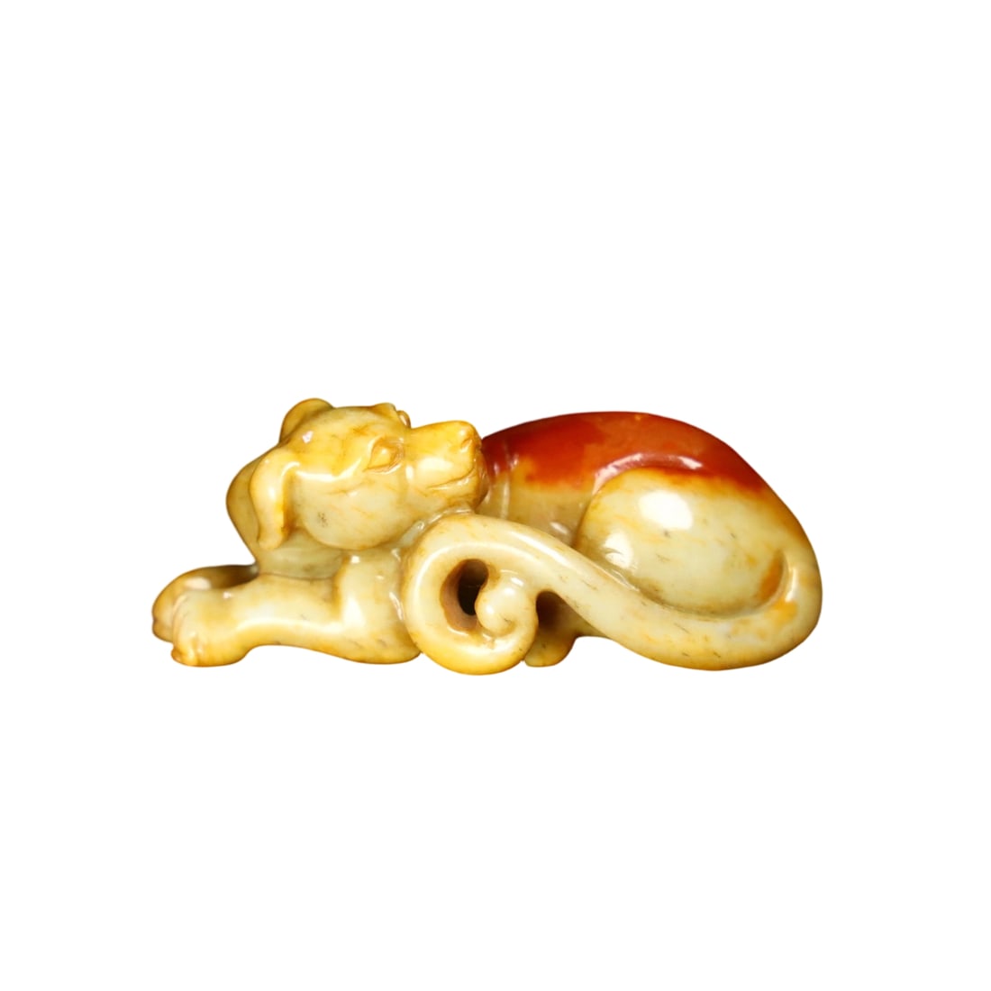 Hetian Jade Prosperity Figurine: This Hetian jade prosperity figurine features fine jade quality and exquisite craftsmanship, with a well-aged patina, showcasing the superb traditional artistry. The overall shape is vivid, and the