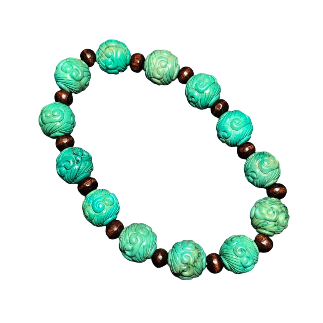 Turquoise Bracelet: This turquoise bracelet exhibits the patina of age, with a natural luster. Each bead is evenly full, showcasing exquisite craftsmanship and elegant beauty. (Diameter 1.2cm, Weight 31.5g) Freight: 1.In