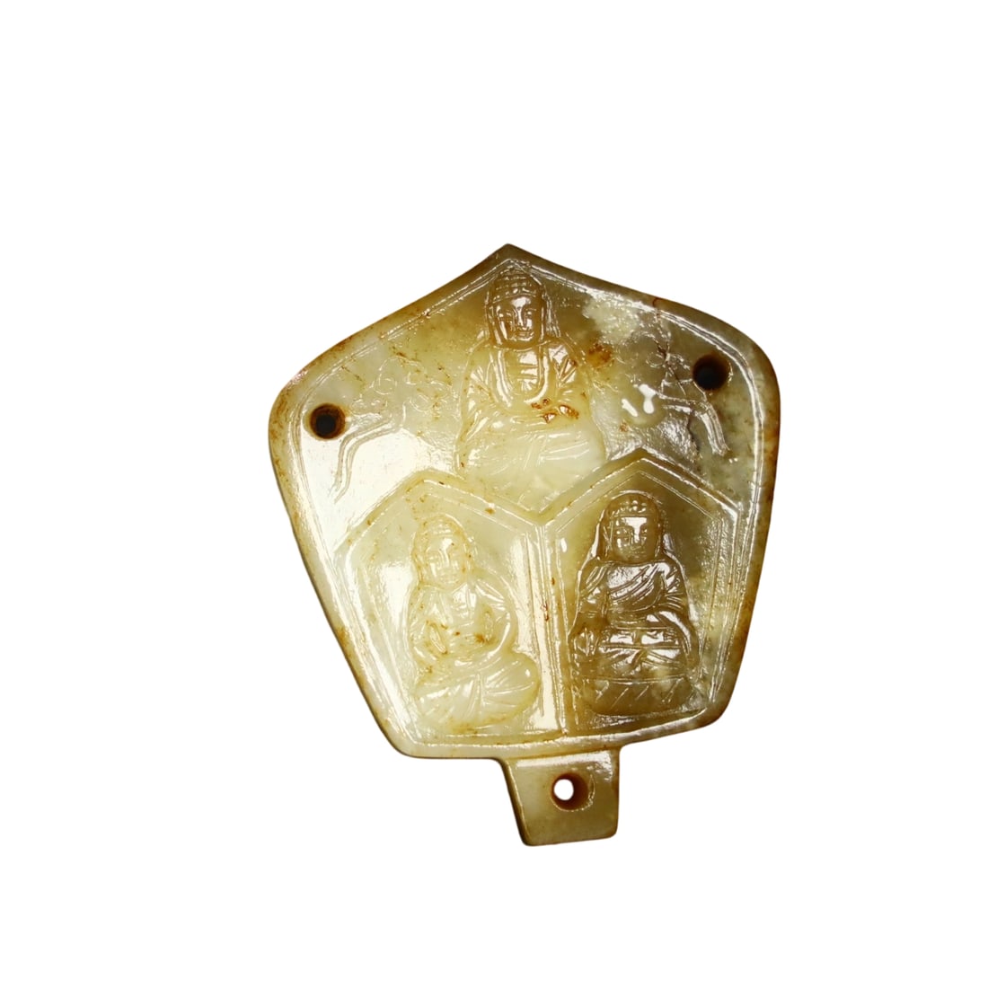 Hetian Jade Buddha Pendant: This Hetian jade Buddha pendant features fine jade quality and an aged patina, reflecting the sediment of time and historical depth. The detailed carving is exquisite with smooth lines, making it high