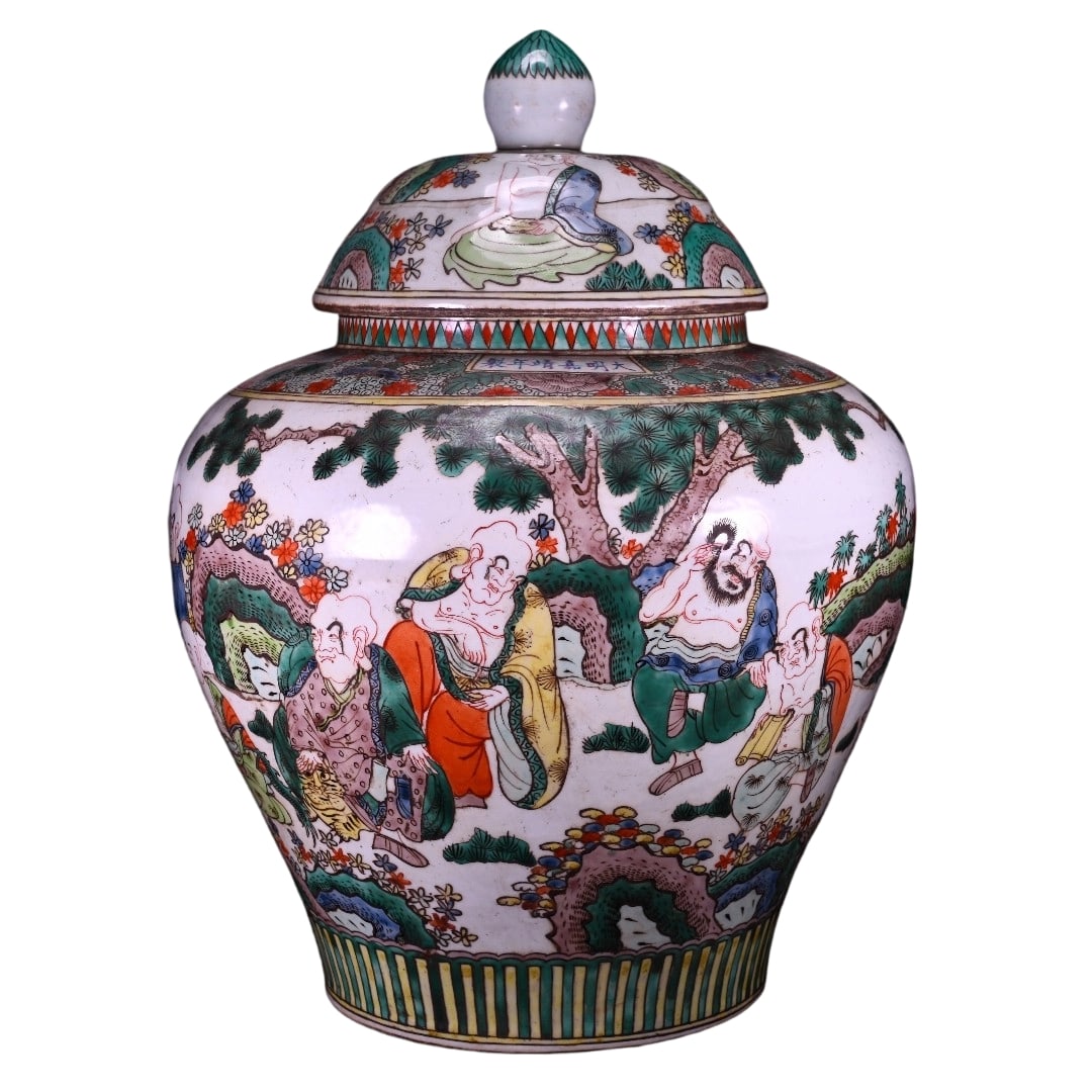 Ming Jiajing Wucai General Jar with Eighteen Arhats Story Design (1 of 10)