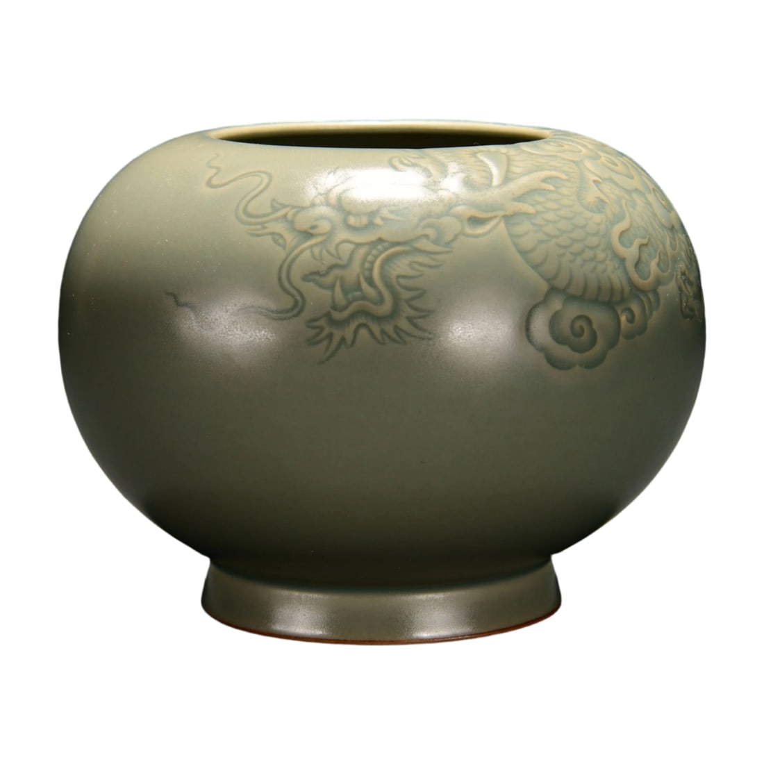 Song Dynasty Yue Kiln Secret Color Glazed Relief Dragon Jar: This Song Dynasty Yue Kiln secret color glazed relief dragon jar showcases the exquisite craftsmanship of Song Dynasty ceramics. The secret color glaze has a gentle hue, with a jade-like glossy surfac