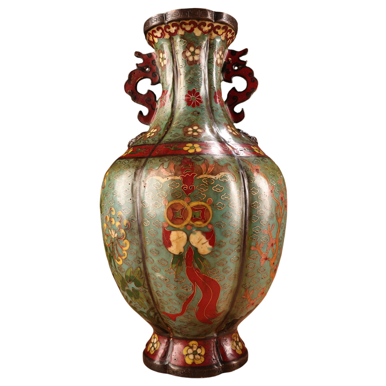 Pure Copper High Relief Champlev Cloisonn Enamel Vase: This vase is made of pure copper, featuring high relief champlev craftsmanship, showcasing the unique charm of cloisonn enamel. The craftsmanship is exquisite, and the shape and style are elegant,