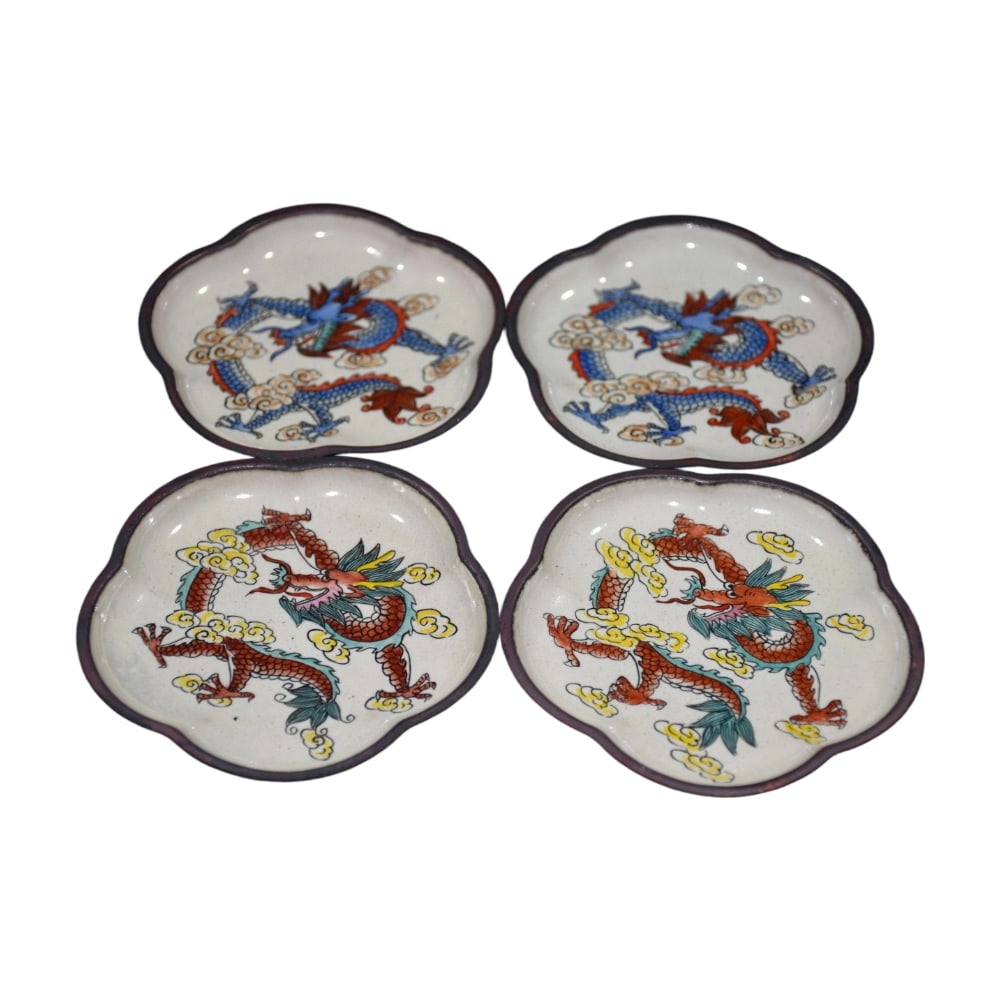 Cloisonn Enamel Dragon Tea Tray with Purple Copper Body: This tea tray features a purple copper body with hand-painted cloisonn enamel, vividly depicting a dragon motif. It showcases the exquisite craftsmanship of traditional techniques. The overall design