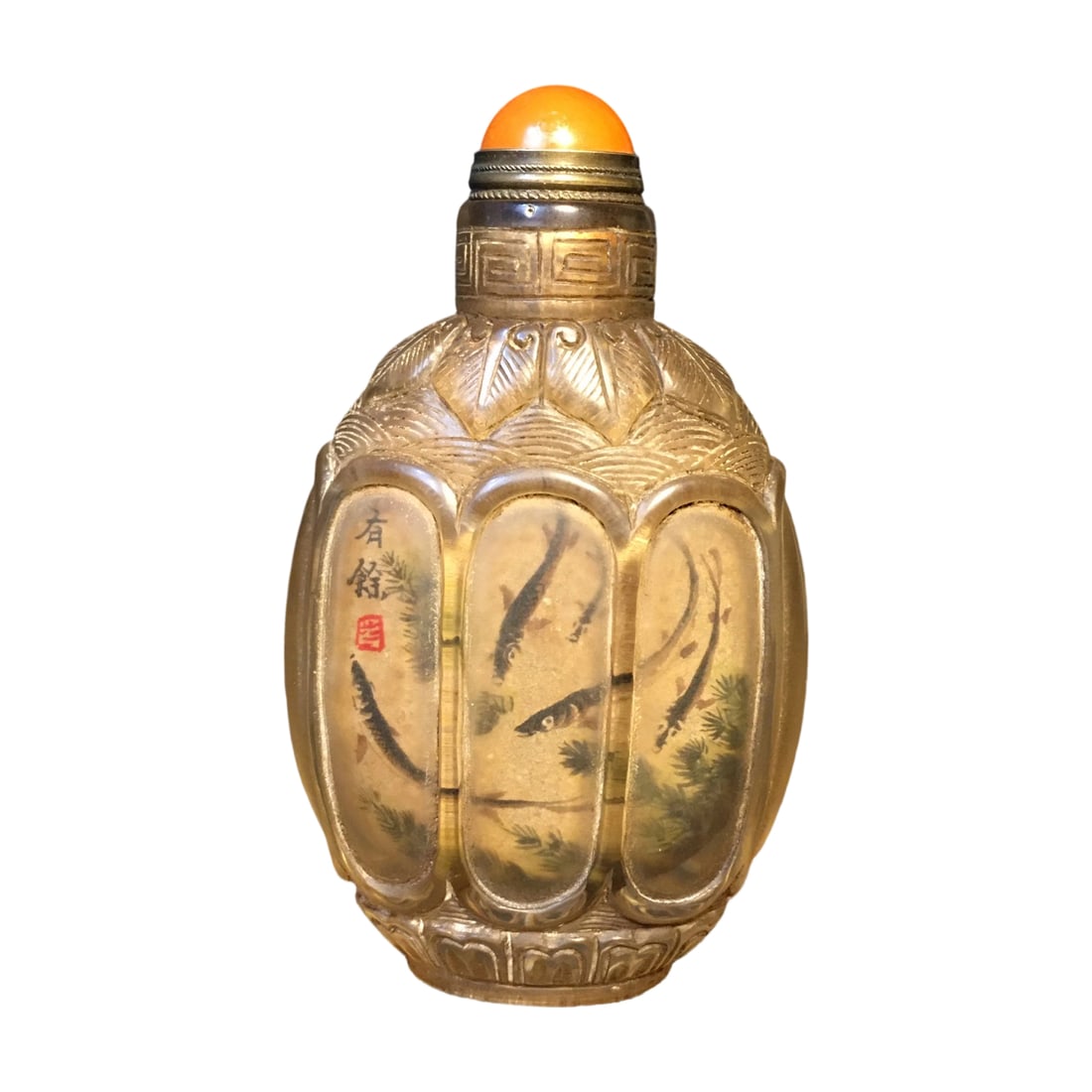 Glass Carved Inside-Painted Snuff Bottle: This glass snuff bottle showcases exquisite artistry with its intricate inside painting. The carving is delicate, with smooth lines and rich colors, making it a marvel to behold. Its compact size and