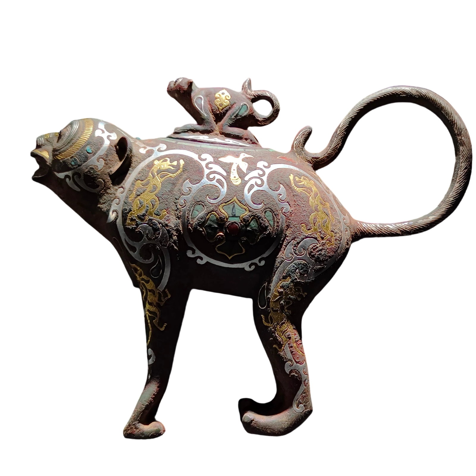 Warring States to Han Dynasty Bronze Inlaid with Gold and Silver Gem-Set Monkey-Shaped Zun (1 of 14)