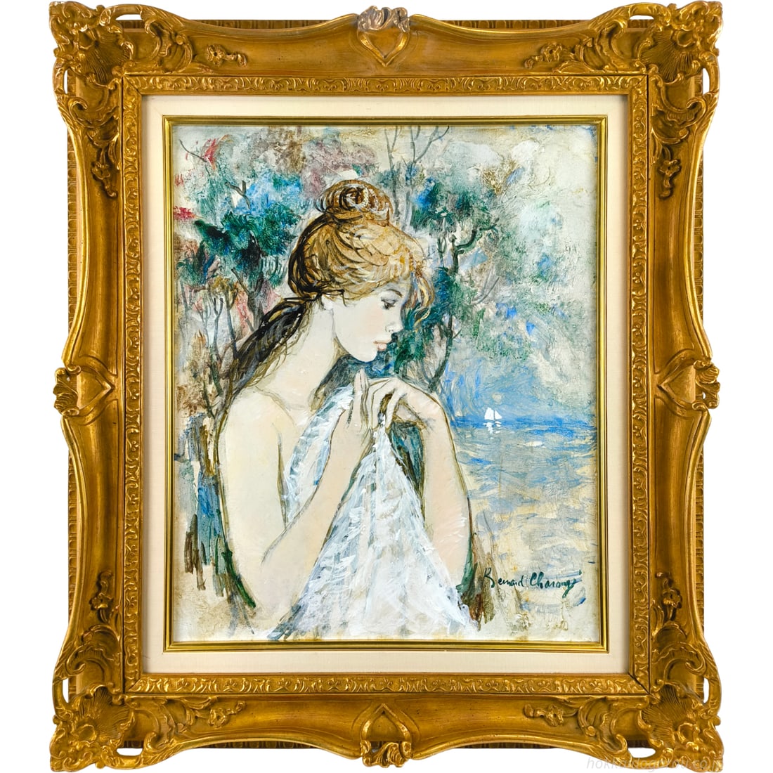 Bernard Charoy "Yunagari" Oil Painting: Product Title Bernard Charoy "After the Bath" Oil Painting Product Description A woman's delicate profile, white fabric, the ocean, and greenery, with a yacht floating in the distance, evoke a serene 
