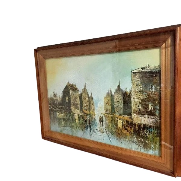 Vintage hand-painted oil painting with autograph signature, large framed art. (1 of 9)