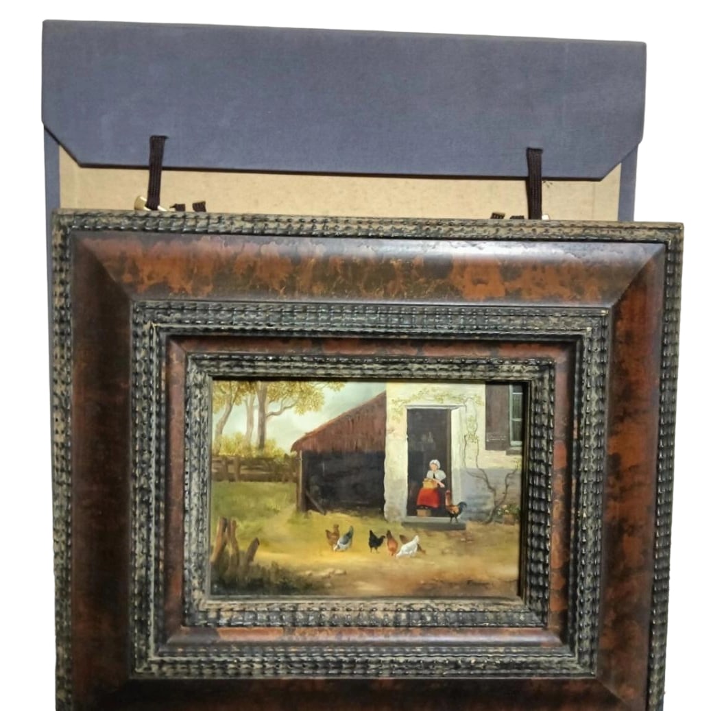 Artist Unknown, "Farm Woman and Chicken," Oil on Canvas, Irregular Size: Title This Weekend Only: Rare 17th Century Dutch Oil Painting on Oak Panel, "Farm Woman and Chickens" Description Is this a 17th-century Dutch paintinga Another quiet world lies within "Farm Woman and